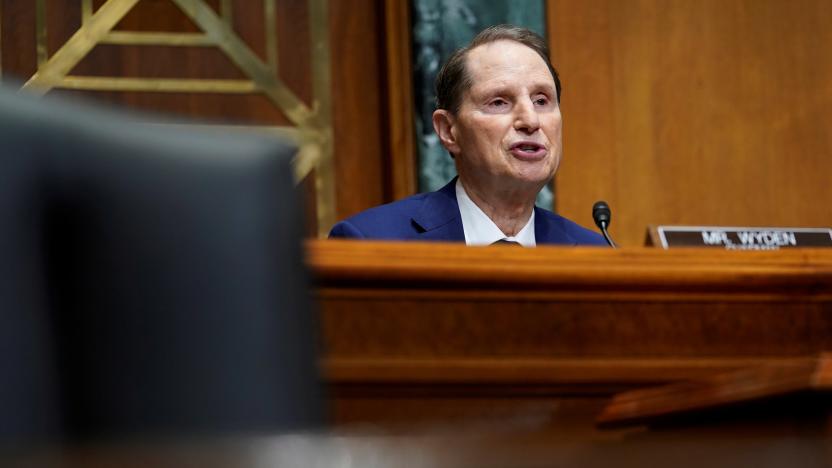 U.S. Senator Ron Wyden (D-OR) speaks during a hearing with U.S. Trade Representative Katherine Tai before the Senate Finance Committee on Capitol Hill in Washington, U.S., May 12, 2021.  Susan Walsh/Pool via REUTERS