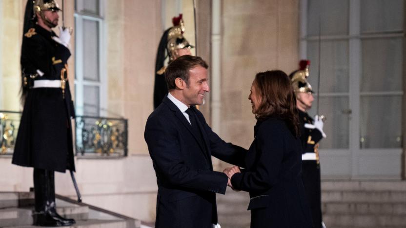 France's President Emmanuel Macron greets U.S. Vice President Kamala Harris before a bilateral meeting at Elysee Palace in Paris France, November 10, 2021. Sarahbeth Maney/Pool via REUTERS
