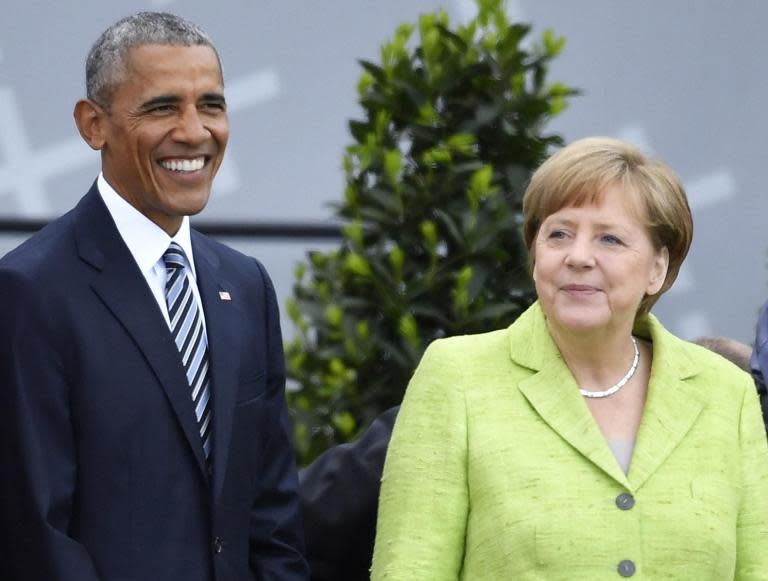 Barack Obama threatens to upstage Donald Trump&apos;s Europe trip as he visits Germany