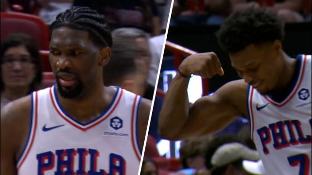 Embiid not a fan of Lowry's forceful high five after and-one bucket