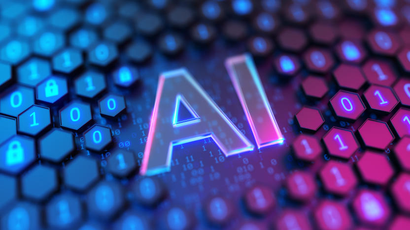 AI sign on the hexagonal background with binary code. Artificial Intelligence. 3d Illustration