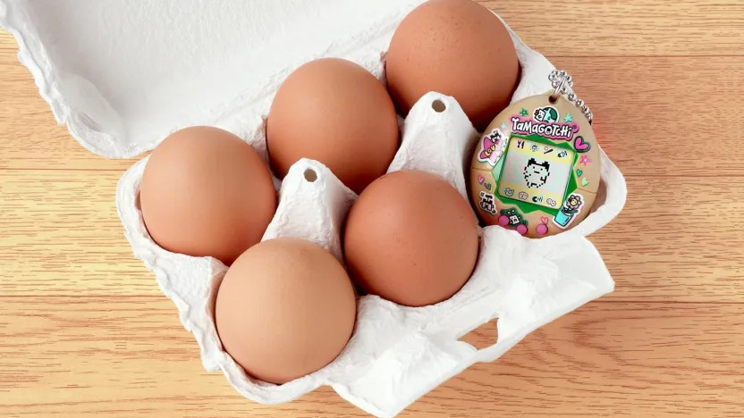 A carton of eggs with a Tamagotchi.