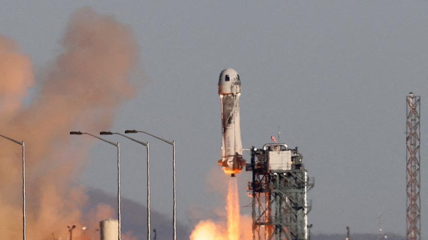 FILE PHOTO: A Blue Origin New Shepard rocket lifts off with a crew of six, including Laura Shepard Churchley, the daughter of the first American in space Alan Shepard, for whom the spacecraft is named, from Launch Site One in west Texas, U.S. December 11, 2021. REUTERS/Joe Skipper/File Photo