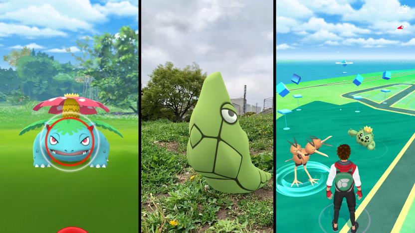 Three-panel split-screen view of Pokémon Go screens. On the left, a monster stands in a field with a Pokéball at the bottom, ready to fire. In the center, another monster sits in a field. On the right, a fully animated view of the player on a course standing next to two creatures.