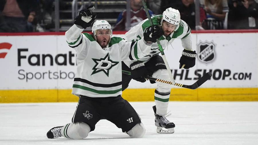 Associated Press - Dallas Stars center Matt Duchene, left, celebrates after scoring the winning goal with defenseman Chris Tanev in the second overtime of Game 6 of an NHL hockey playoff series against the Colorado Avalanche Friday, May 17, 2024, in Denver. (AP Photo/David Zalubowski)