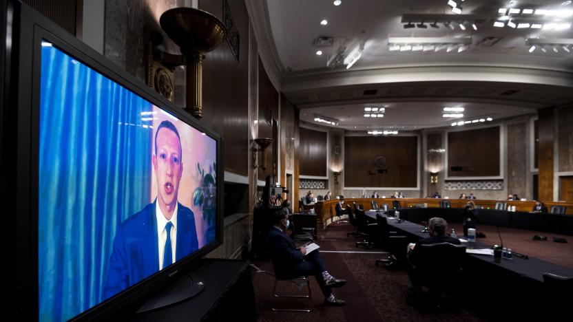 WASHINGTON, DC - NOVEMBER 17: Mark Zuckerberg, Chief Executive Officer of Facebook, testifies remotely during the Senate Judiciary Committee hearing on "Breaking the News: Censorship, Suppression, and the 2020 Election" on November 17, 2020 in Washington, DC. Facebook CEO Mark Zuckerberg and Twitter CEO Jack Dorsey are scheduled to testify remotely.(Photo By Bill Clark-Pool/Getty Images)