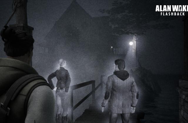 Marketing screenshot for the Alan Wake / Fortnite tie-in. A player watches a holographic recreation of events from the original game. Grainy black and white appearance.