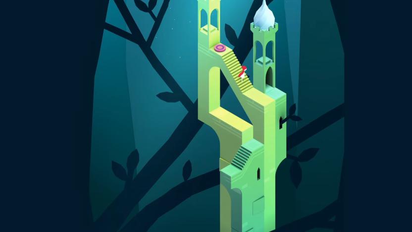 Screenshot of a Monument Valley 2 level from a new chapter called "The Lost Forest," showing the playable character traversing an unusually designed structure.