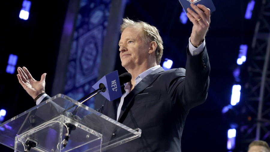 Associated Press - Roger Goodell onstage at the 2024 NFL football draft on Thursday, April 25, 2024 in Detroit. (Adam Hunger/AP Images for the NFL)