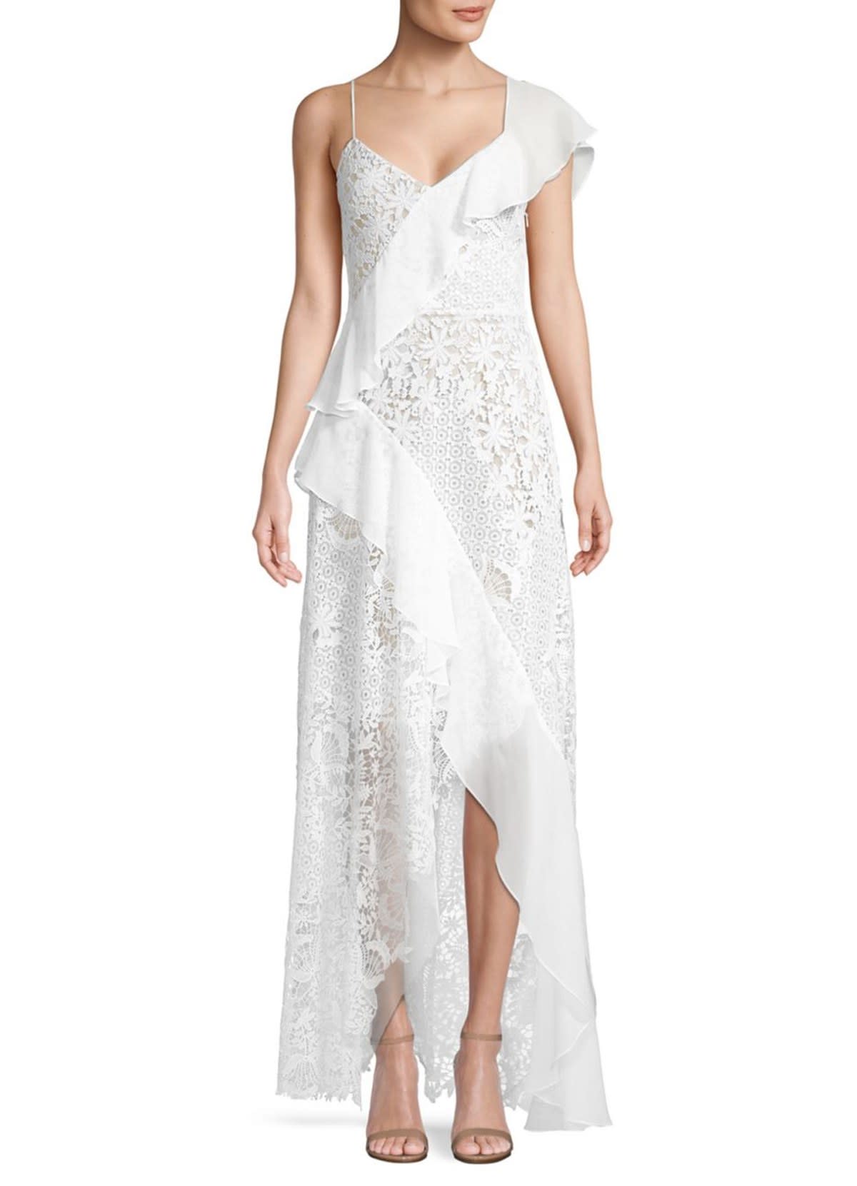 bcbg asymmetrical ruffle gown