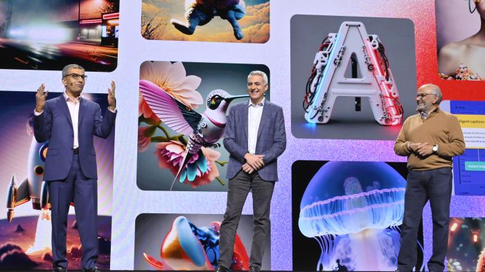 IMAGE DISTRIBUTED FOR ADOBE - Anil Chakravarthy, President of Digital Experience at Adobe, left, David Wadhwani, President of Digital Media at Adobe, center, and Shantanu Narayen, Chairman and CEO at Adobe, unveil Adobe Firefly, a family of creative generative AI models during Adobe Summit on Tuesday, March 21, 2023, in Las Vegas. (David Becker/AP Images for Adobe)