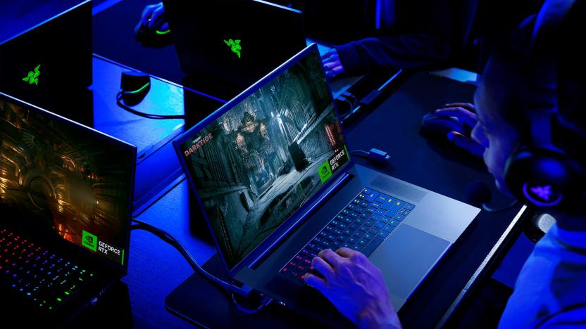 A person playing a game on a Razer Blade 18 laptop.