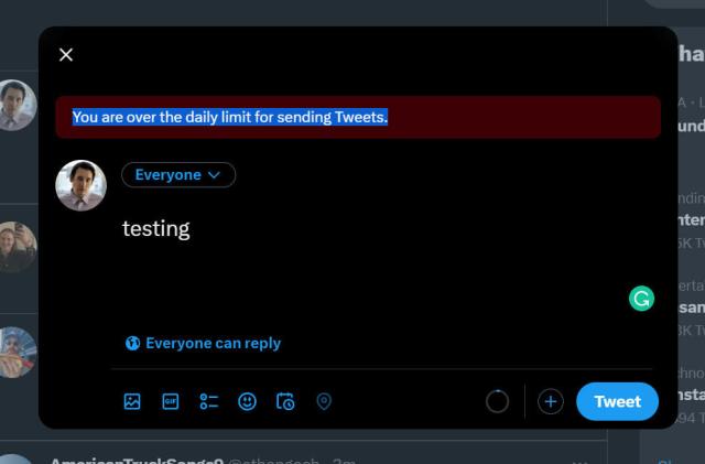 An error message on Twitter's website that says "you are over the daily limit for sending Tweets."