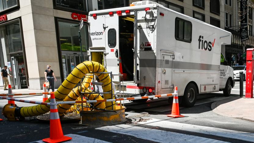 NEW YORK, NEW YORK - MAY 27: A Verizon Fios truck does essential street work during the COVID-19 pandemic on May 27, 2020 in New York City. Government guidelines encourage wearing a mask in public with strong social distancing in effect as all 50 states in the USA have begun a gradual process to slowly reopen after weeks of stay-at-home measures to slow the spread of COVID-19. (Photo by Ben Gabbe/Getty Images)