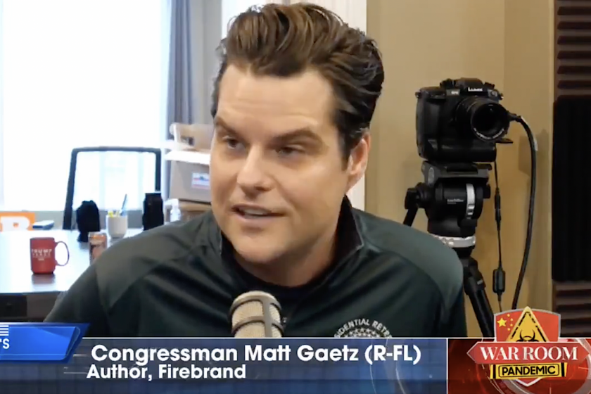 IDP Representative Adam Kinzinger jokes with IDP Representative Matt Gaetz after IDP voted from House to keep Liz Cheney in leadership