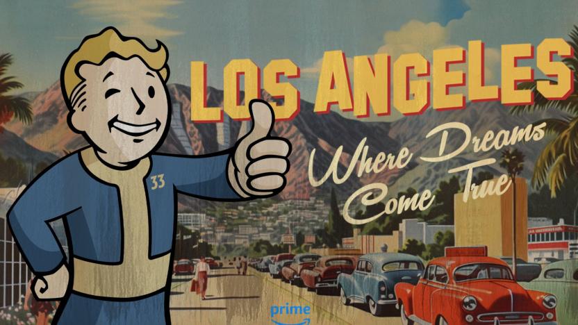 An illustration of the Fallout mascot with a thumb up, wearing a blue Vault 33 suit on a city backdrop and the words "Los Angeles, Where Dreams Come True" superimposed on it. 
