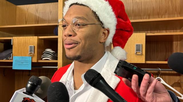 DJ Moore wears Santa suit for postgame media availability