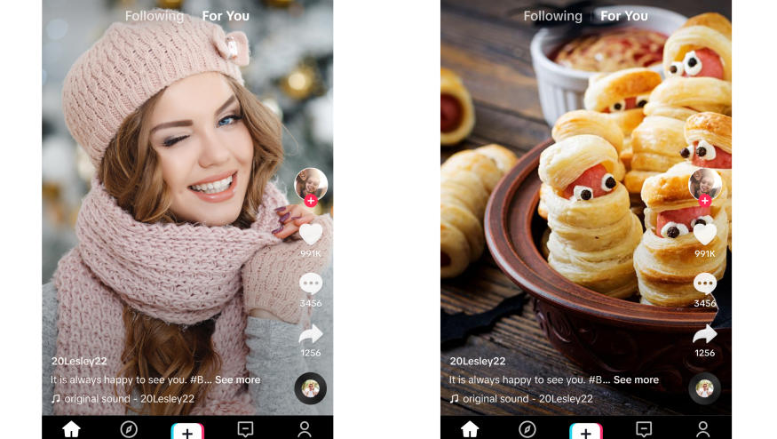 Collage of two TikTok Lite screenshots side-by-side. On the left, a person wearing fashionable winter gear winks at the camera. On the right, pastries designed to look like little Muppets.