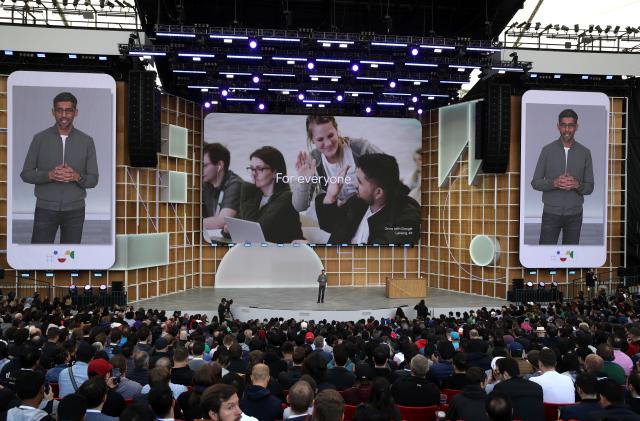 Google CEO Sundar Pichai speaks during the Google I/O 2019 keynote session at Shoreline Amphitheatre in Mountain View, California on May 7, 2019. (Photo by Josh Edelson / AFP)        (Photo credit should read JOSH EDELSON/AFP via Getty Images)