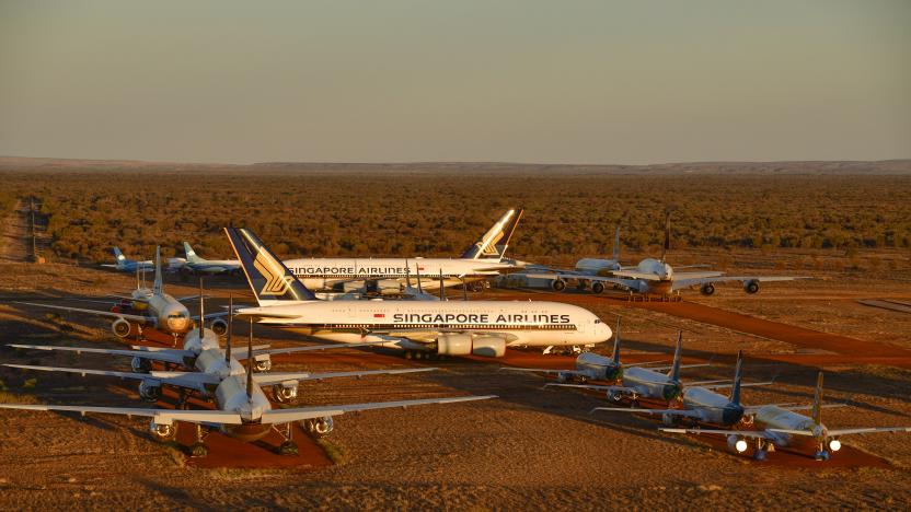 ALICE SPRINGS, AUSTRALIA - MAY 15: Grounded aeroplanes which include Airbus A380s, Boeing MAX 8s and other smaller aircrafts are seen at the Asia Pacific Aircraft Storage facility on May 15, 2020 in Alice Springs, Australia. The number of passenger planes housed at the Asia Pacific Aircraft Storage facility has increased due to the Coronavirus (COVID-19) pandemic with at least four Airbus A380 planes grounded there, the first time the aircraft has landed at Alice Springs. (Photo by Steve Strike/Getty Images)