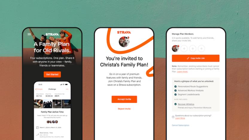 Three phones showing the Strava Family Plan