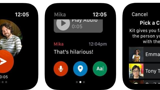 Screenshots of Facebook's Kit messaging app for Apple Watch