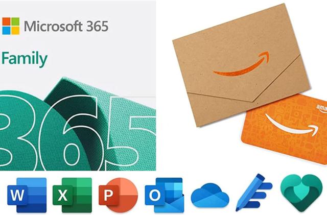 Offer for Microsoft Family 365 with $50 amazon gift card. Logos of MS Word, Excel, PowerPoint and more