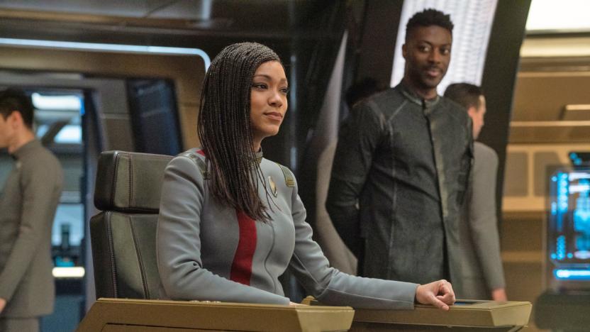 The captain sits in her chair in this still from Star Trek: Discovery.