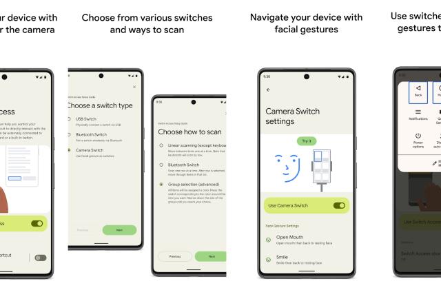 Screenshots of Google's Switch Access app for Android. Text reads "Control your device with switches or the camera. Choose from various switches and ways to scan. Navigate your device with facial gestures. Use switches instead of gestures to navigate."