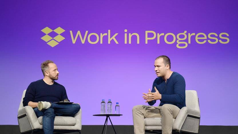 SAN FRANCISCO, CALIFORNIA - SEPTEMBER 25: Drew Houston and Greg Brockman speak onstage during the Dropbox Work In Progress Conference at Pier 48 on September 25, 2019 in San Francisco, California. (Photo by Matt Winkelmeyer/Getty Images for Dropbox)