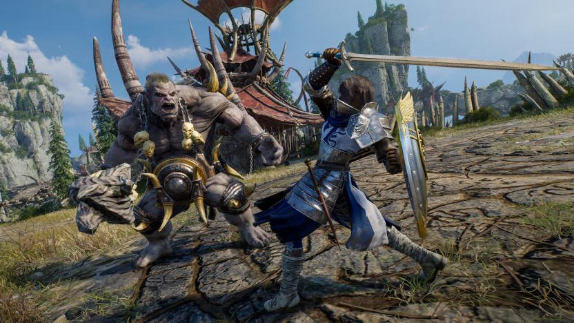 An armored warrior raises a sword against a fantasy-style monster in Throne and Liberty.