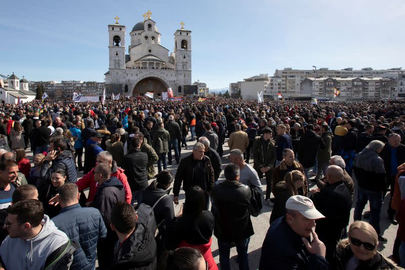 Believers gather in front of Cathedral of the Resurrection of Christ in Podgorica before a protest march against a new law on religious freedom