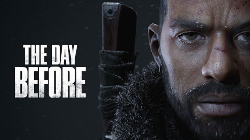 Marketing image for defunct zombie MMO The Day Before. Title text in white lettering on the left, a bearded man staring intensely at the camera on the right. 