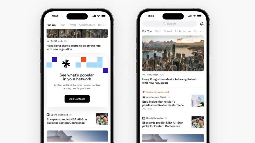 Screenshots of the Artifact news app, showing a feature called "see what's popular in your network."