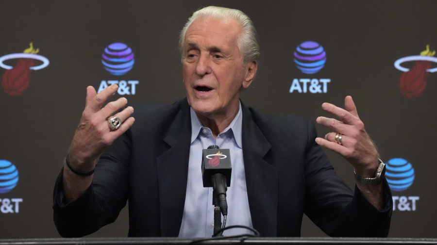 Associated Press - FILE - Miami Heat president Pat Riley gestures as he speaks during an end of season NBA basketball news conference in Miami, Tuesday, June 20, 2023. Riley laid out the plan for the team's offseason on Monday, May 6, 2024, after a disappointing first-round exit to Boston and an injury-plagued regular season. (AP Photo/Wilfredo Lee, File)