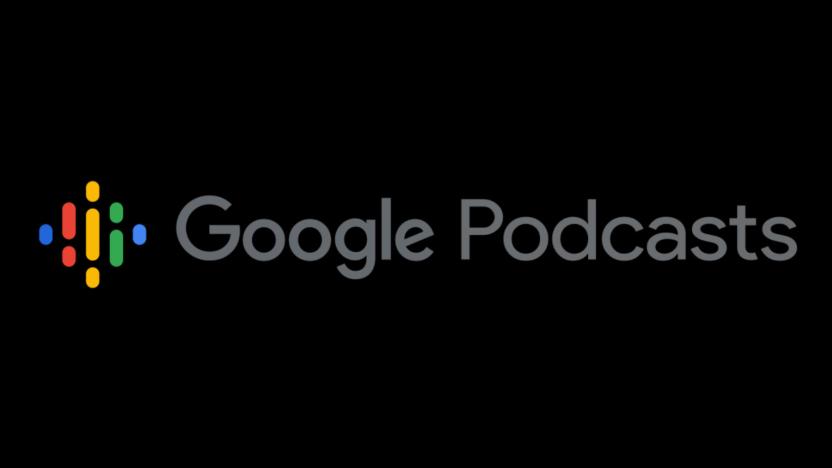 The Google Podcasts logo in grey with its colorful icon is shown against a black background.