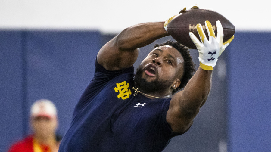 Associated Press - Notre Dame running back Audric Estime makes a catch during NFL pro day football workouts in South Bend, Ind., Thursday, March 21, 2024. (AP Photo/Michael Caterina)