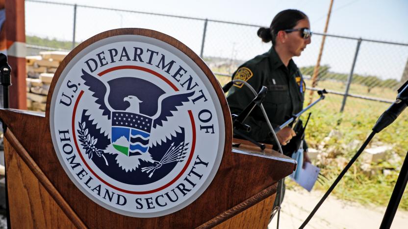 The seal of the U.S. Department of Homeland Security is seen after a news conference near the International Bridge between Mexico and the U.S., as U.S. authorities accelerate removal of migrants at border with Mexico, in Del Rio, Texas, U.S., September 19, 2021. REUTERS/Marco Bello