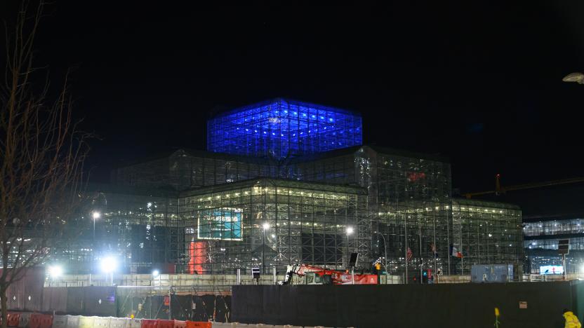 NEW YORK, NY - APRIL 09: The temporary hospital at Jacob K. Javits Convention Center is illuminated in blue lights during the coronavirus pandemic on April 09, 2020 in New York City. Landmarks and buildings across the nation are displaying blue lights to show support for health care workers and first responders on the front lines of the coronavirus (COVID-19) pandemic. (Photo by Noam Galai/Getty Images)