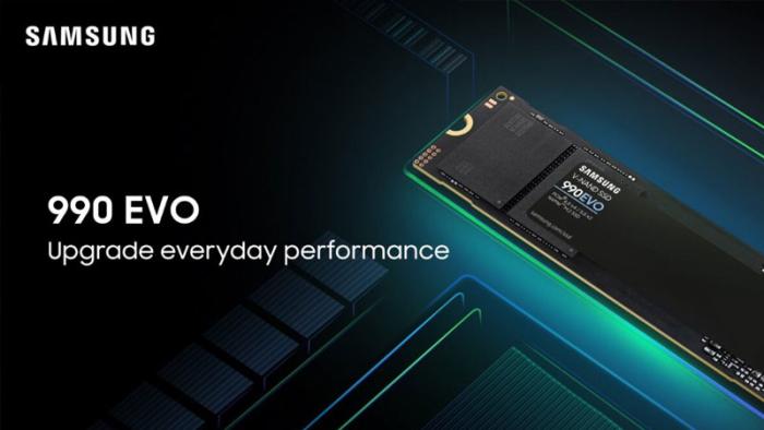 Samsung 990 Evo SSD. Text reads "Samsung 990 Evo. Upgrade everyday performance."