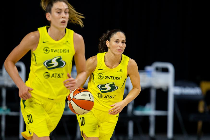 Oct 2, 2020; Bradenton, Florida, USA; Seattle Storm guard Sue Bird (10) drives during game one of the WNBA finals against the Las Vegas Aces at IMG Academy. Mandatory Credit: Mary Holt-USA TODAY Sports