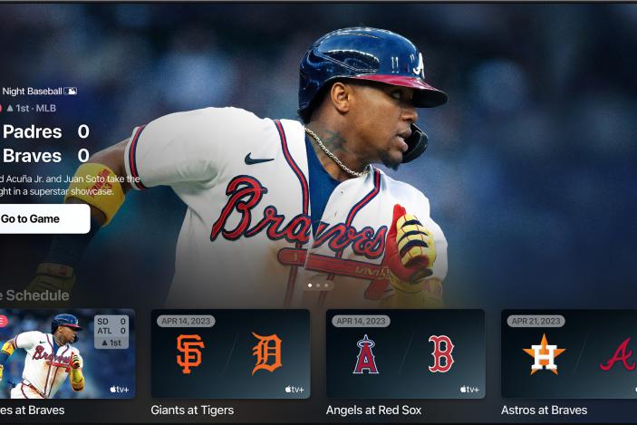 Screenshot of the Apple TV user experience for Friday Night Baseball. It includes a marquee image of an Atlanta Braves player running the bases with a Padres vs. Braves score to the left and the remaining live schedule in a row beneath.