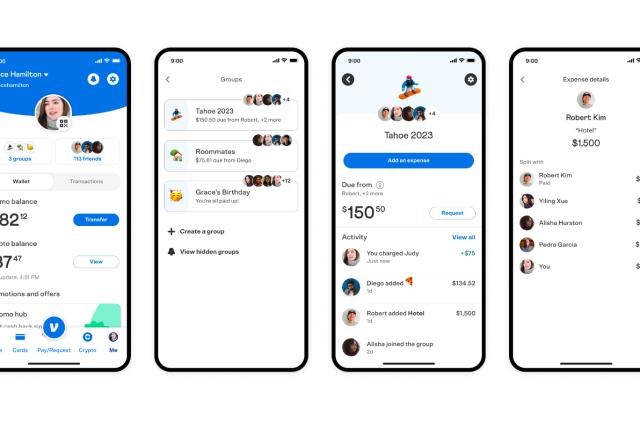 Screenshots of Venmo's Groups feature, depicting users figuring out how much money they owe each other, and settling up their shared expenses.