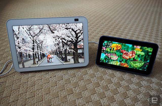 Amazon Echo Show 5 and 8 side by side against a carpet background. 