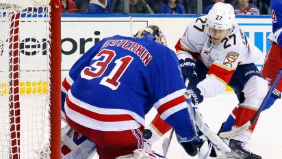 Getty Images - NEW YORK, NEW YORK - MARCH 04: Igor Shesterkin #31 of the New York Rangers makes the third period save on Eetu Luostarinen #27 of the Florida Panthers at Madison Square Garden on March 04, 2024 in New York City. The Panthers defeated the Rangers 4-2. (Photo by Bruce Bennett/Getty Images)