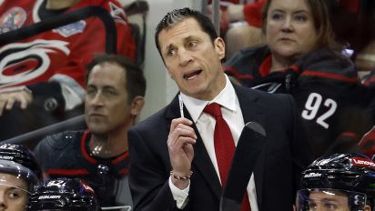 Associated Press - Carolina Hurricanes head coach Rod Brind'Amour talks with an official during the first period in Game 5 of an NHL hockey Stanley Cup first-round playoff series against the New York Islanders in Raleigh, N.C., Tuesday, April 30, 2024. (AP Photo/Karl B DeBlaker)