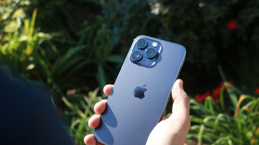 The iPhone 14 Pro Max held in front of some plants with its rear cameras facing up.