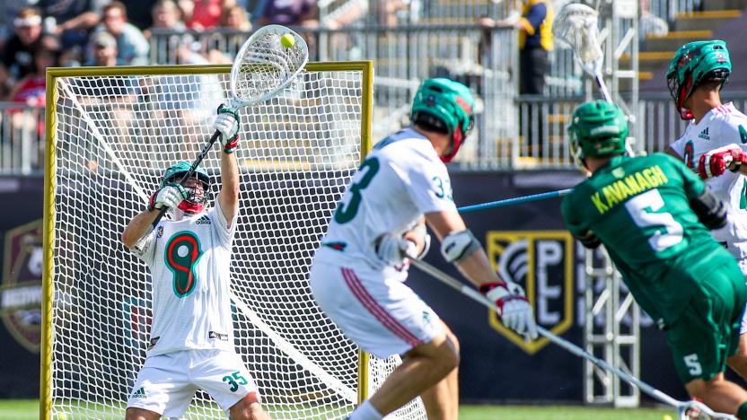 CHESTER, PA - SEPTEMBER 21: Whipsnakes goalie Kyle Bernlohr (35) makes a big save during the PLL championship game between the Redwoods Lacrosse Club and Whipsnakes Lacrosse Club on September 21, 2019 at Talen Energy Stadium in Chester, PA.(Photo by Nicole Fridling/Icon Sportswire via Getty Images)