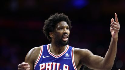 Getty Images - PHILADELPHIA, PENNSYLVANIA - APRIL 25: Joel Embiid #21 of the Philadelphia 76ers reacts during the fourth quarter against the New York Knicks during game three of the Eastern Conference First Round Playoffs at the Wells Fargo Center on April 25, 2024 in Philadelphia, Pennsylvania. NOTE TO USER: User expressly acknowledges and agrees that, by downloading and/or using this Photograph, user is consenting to the terms and conditions of the Getty Images License Agreement. (Photo by Tim Nwachukwu/Getty Images)