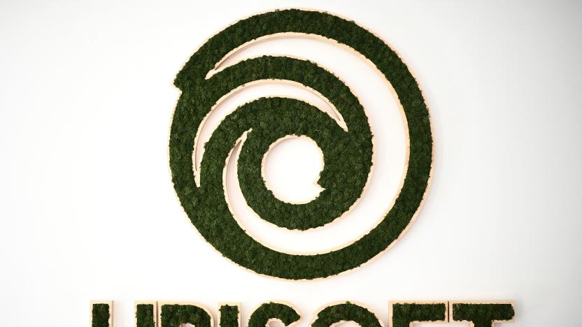 This photograph taken on October 3, 2023 shows the Ubisoft logo at the Ubisoft studio in Bordeaux, southwestern France. World capital of wine, Bordeaux has become a stronghold of French video games, as evidenced by the release on October 5, 2023 of the last chapter of the "Assassin's Creed" saga, developed for the first time in Ubisoft's local studios. (Photo by Christophe ARCHAMBAULT / AFP) (Photo by CHRISTOPHE ARCHAMBAULT/AFP via Getty Images)